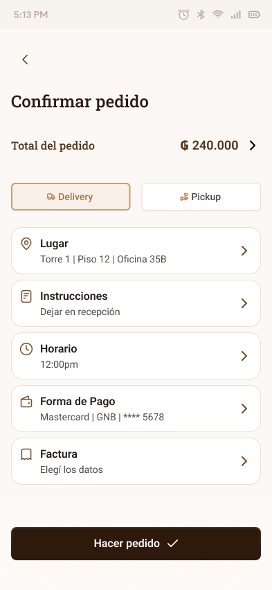 El Molinillo full checkout screen with order summary, delivery details, and payment method